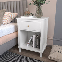 Wooden Nightstand with One Drawer One Shelf for Kids - White