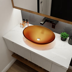 Tempered Glass Matte Bathroom Vessel Sink, Oval Bathroom Basin Matt Tea