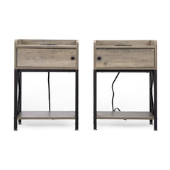 Wood Nightstand, Farmhouse End Table with Charging Station, USB Ports, Cabinet, and Shelf, Sofa Bed Side Table- Rustic Gray (Set of 2)