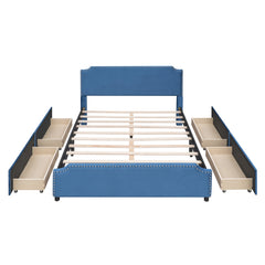 Queen Size Upholstered Bed with Stud Trim Headboard and Footboard and 4 Drawers - Velvet Blue