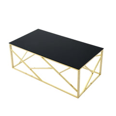 Modern Rectangular Coffee Accent Table with Black Tempered Glass Top and Stainless Steel Frame - Gold