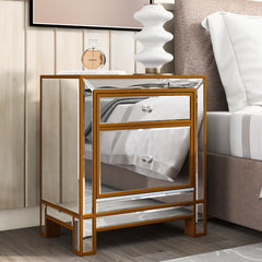 Modern Mirrored Nightstand with 2 Storage Cabinets - Silver Glass