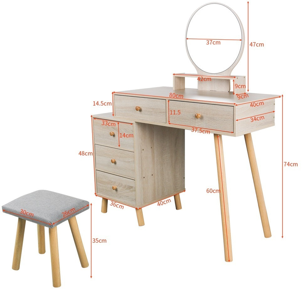 Makeup Vanity Table with Cushioned Stool, 5 Drawers, Large Round Mirror (31.5"-43.2“Lx15.8”Wx48.1”H) - Barnwood