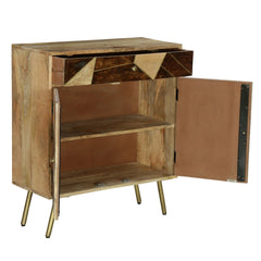 36 Inch Mango Wood Nightstand Side Table Cabinet, 2 Doors, Geometric Inlaid Design - Brown, Gold
