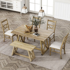 Farmhouse 6-Piece Dining Table Set with Cross Legs, Kitchen Set with 4 Upholstered Dining Chairs and Solid Wood Bench - Natural