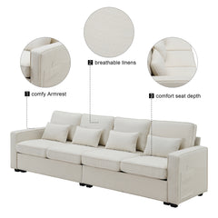 104" 4-Seater Modern Linen Fabric Sofa with Armrest Pockets and 4 Pillows,Minimalist Style Couch - Beige
