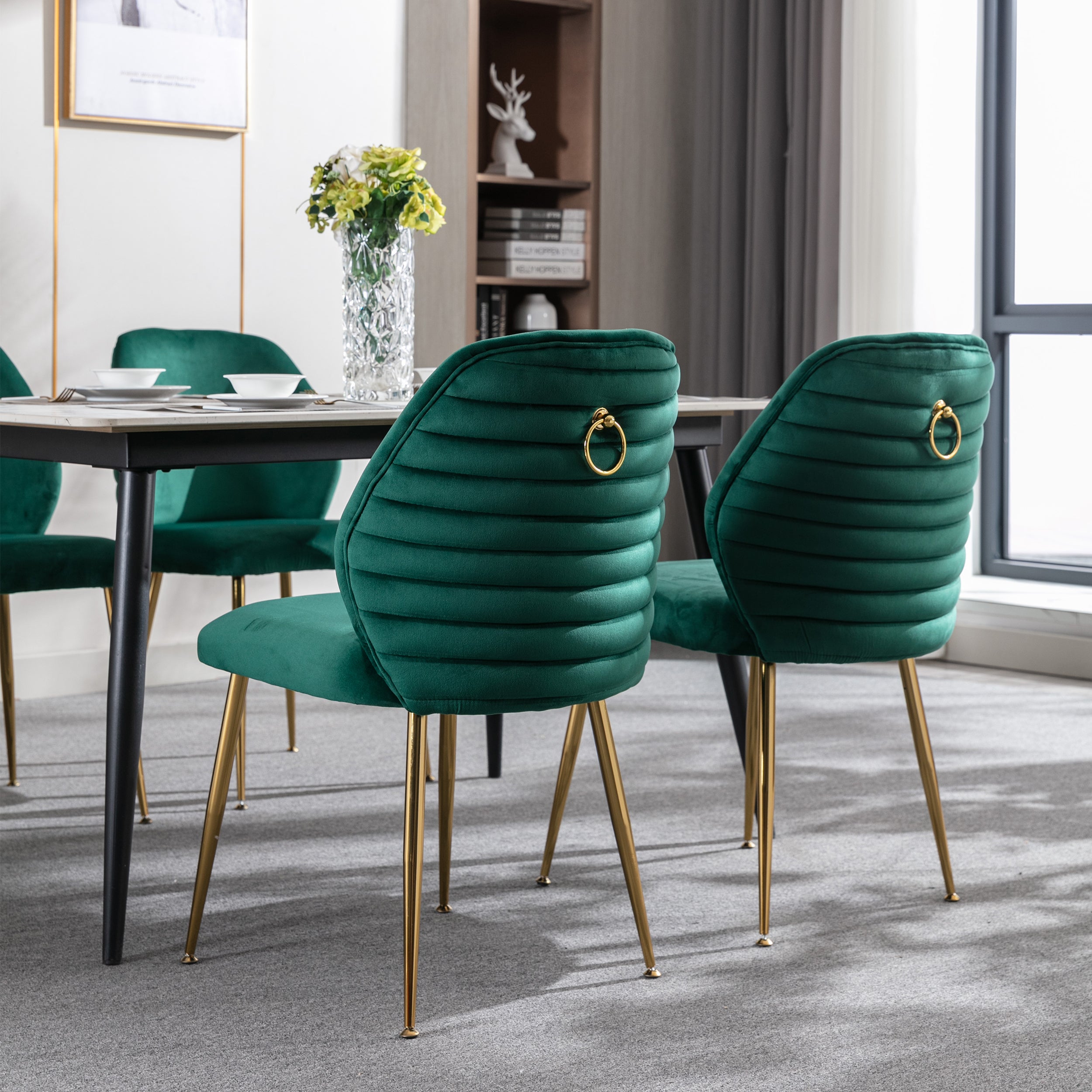 Modern Woven Velvet Upholstered Dining Chairs with Barrel Backrest and Gold Metal Legs (Set of 2) - Green