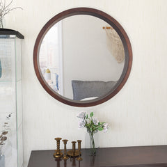 Circle Mirror with Wood Frame for Bathroom Living Room Bedroom Entryway, Walnut Brown, 24"