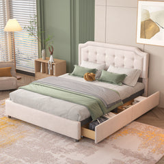 Queen Bed Upholstered Platform with Classic Headboard and 4 Drawers - Beige