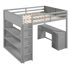 Full Size Loft Bed with Ladder, Shelves and Desk - Gray