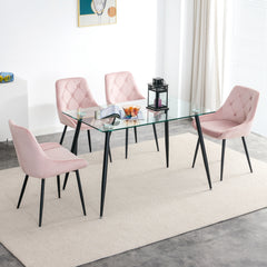 Modern Metal Legs Glass Table Set with 4 pcs Pink Velvet Fabric Dining Chairs