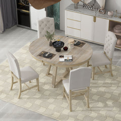 5-Piece Retro Functional Dining Set, Round Table with a 16"W Leaf and 4 Upholstered Chairs - Natural
