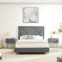 Upholstered Nightstand Classic Silver Rivet Elegant Button Tufted Design with two drawer and metal legs - Grey Velvet