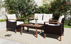 4-Piece Garden Furniture, Patio Seating Set, PE Rattan Outdoor Sofa Set, Wood Table and Legs - Brown and Beige