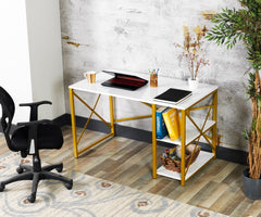 Gold Metal Frame 47" Wooden Top 2 Shelves Computer Desk - White