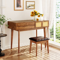 43.3" Classic Wood Makeup Vanity Set with Flip-top Mirror and Stool - Brown