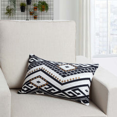 Rectangular Handwoven Jacquard Accent Lumbar Throw Pillow, Sequins, Geometric Design - White, Black