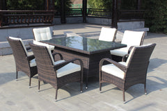 Patio 7-Piece Rectangular Dining Set with 6 Dining Chairs - Brown & Beige Cushion