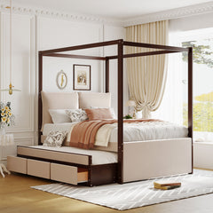 Full Size Upholstered Canopy Bed with Trundle and 3 Drawers - Beige