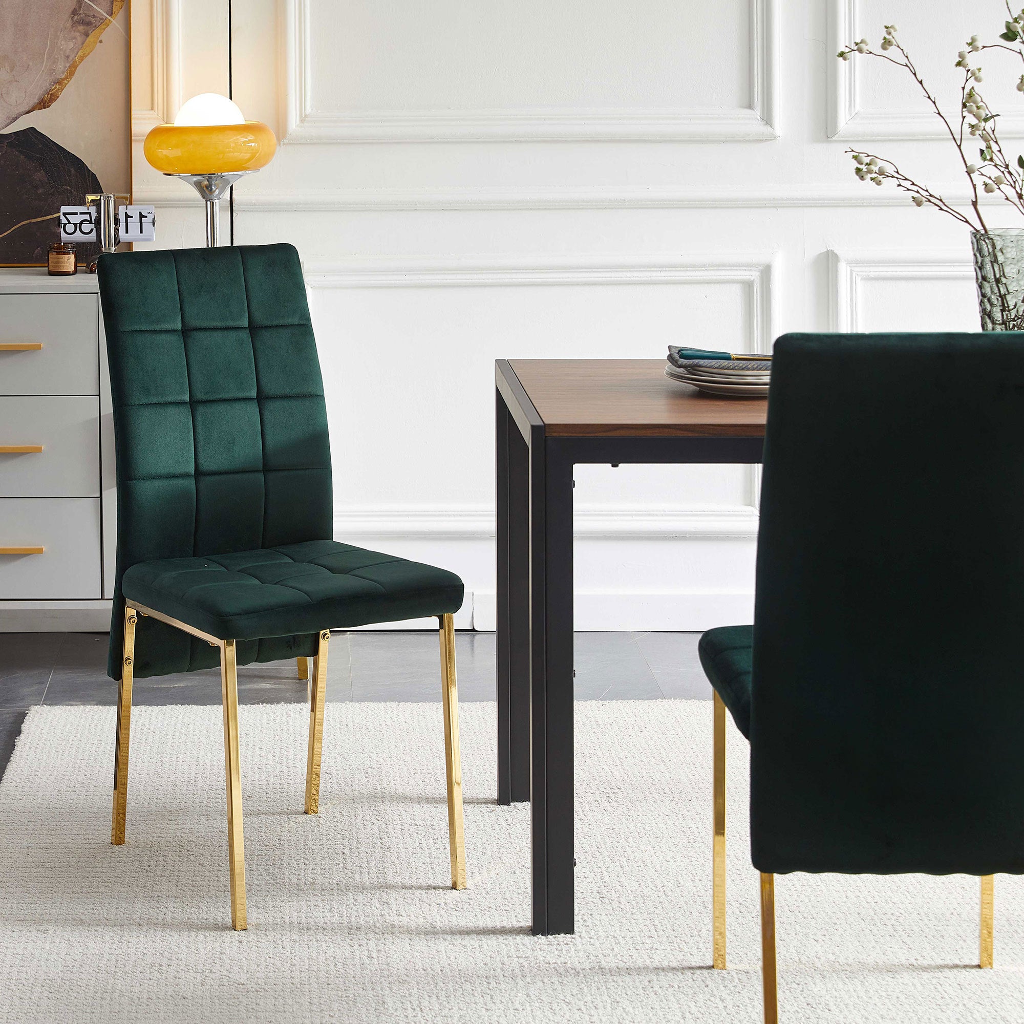 Modern Velvet High Back Nordic Dining Chairs with Golden Color Legs (Set Of 4) - Green