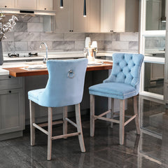 Contemporary Velvet Upholstered Barstools with Button Tufted Decoration and Wooden Legs, and Chrome Nailhead Trim, Bar stools (Set of 2) - Light Blue