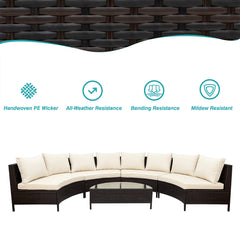 5 Pieces All-Weather Brown Rattan Sofa Set Outdoor Patio with Tempered Glass Table - Beige
