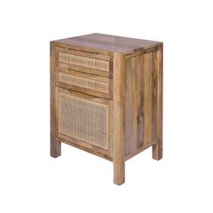 31 Inch Cottage Mango Wood Storage Cabinet Table, Cane Rattan Panels, 3 Drawers - Natural Brown