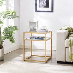 Side Table Tempered Glass Top, Nightstand with Shelf, 2-Tier End Table, Small Coffee Accent Table, Bedside Table for Small Space, Bedroom, Living Room, Gold Metal Reversable White Marble and Black