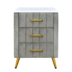 Upholstered Wooden Nightstand with 3 Drawers, Table with Marbling Worktop - Gray