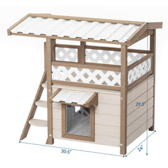 Cat House Outdoor Indoor with Durable PVC Roof, Escape Door, Curtain and Stair, 2 Story Design Perfect for Multi Cats
