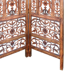 Handcrafted 3 Panel Mango Wood Screen with Cutout Filigree Carvings - Brown