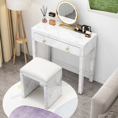 Tempered Glass Vanity Set, Dressing Table with Soft Cushioned Stool - White