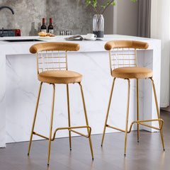 Luxury Velvet High Bar Stool with Metal Legs and Soft Back - Camel