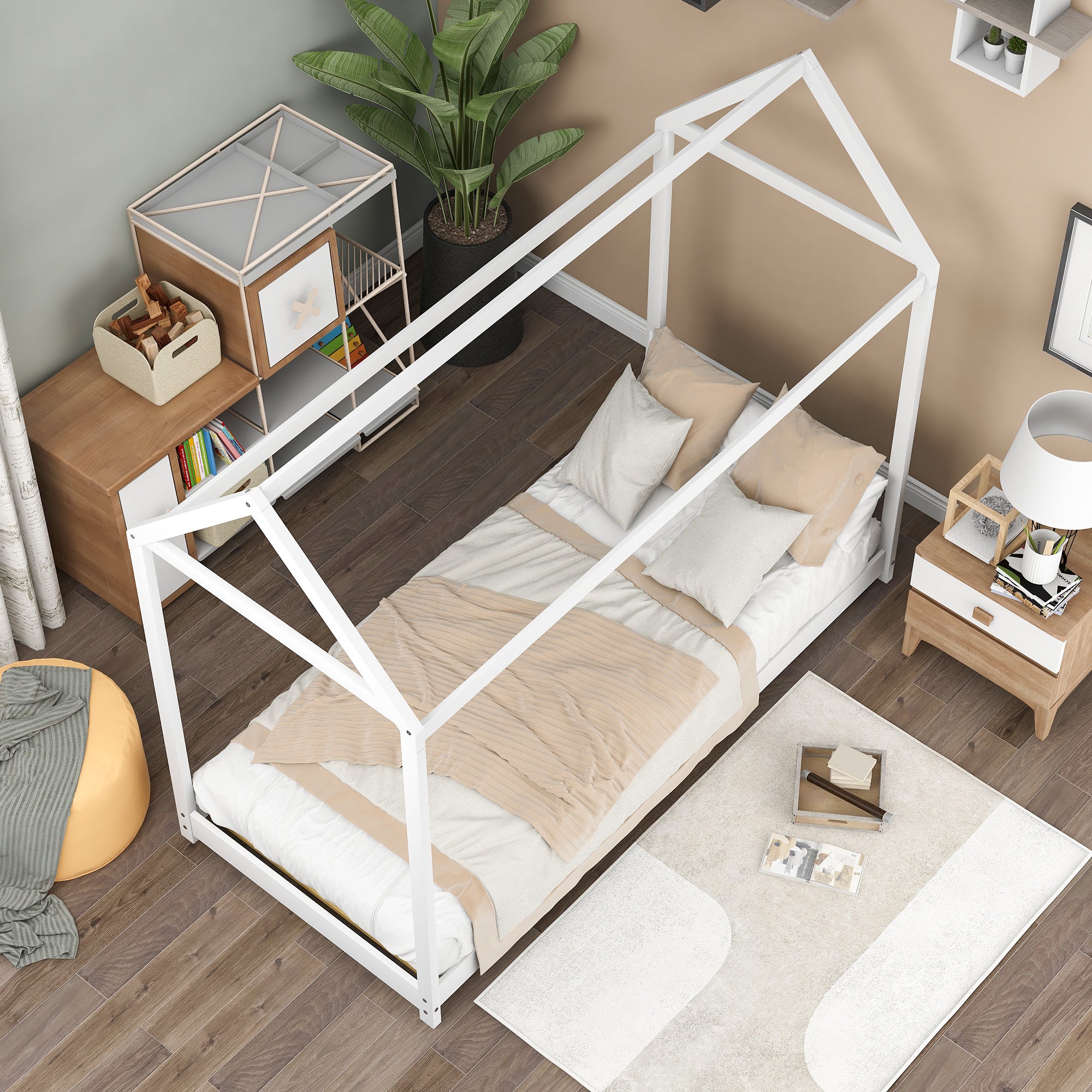 Twin Size Wooden House Bed - White