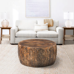 Handcrafted Mango Wood Coffee Table Round Drum Shape - Walnut Brown
