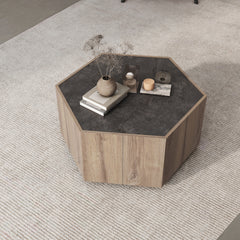Hexagonal Rural Style Garden Retro Living Room Coffee Table with 2 drawers - Textured Black + Warm Oak