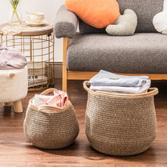 Cotton Linen Laundry Basket for bathroom (Set of 2) - Black & Brown