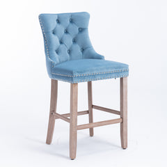 Contemporary Velvet Upholstered Barstools with Button Tufted Decoration and Wooden Legs, and Chrome Nailhead Trim, Bar stools (Set of 2) - Light Blue