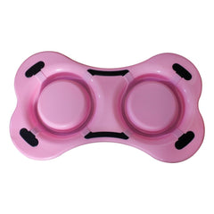 Bone Shaped Plastic Pet Double Diner with Stainless Steel Bowls - Pink and Silver