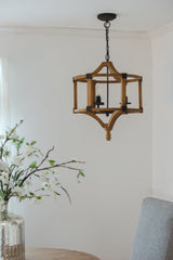 3-Light Wood Drum Chandelier, Hanging Light Fixture with Adjustable Chain