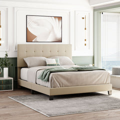 Queen Size Bed with Tufted Headboard, Box Spring Needed - Beige Linen Fabric