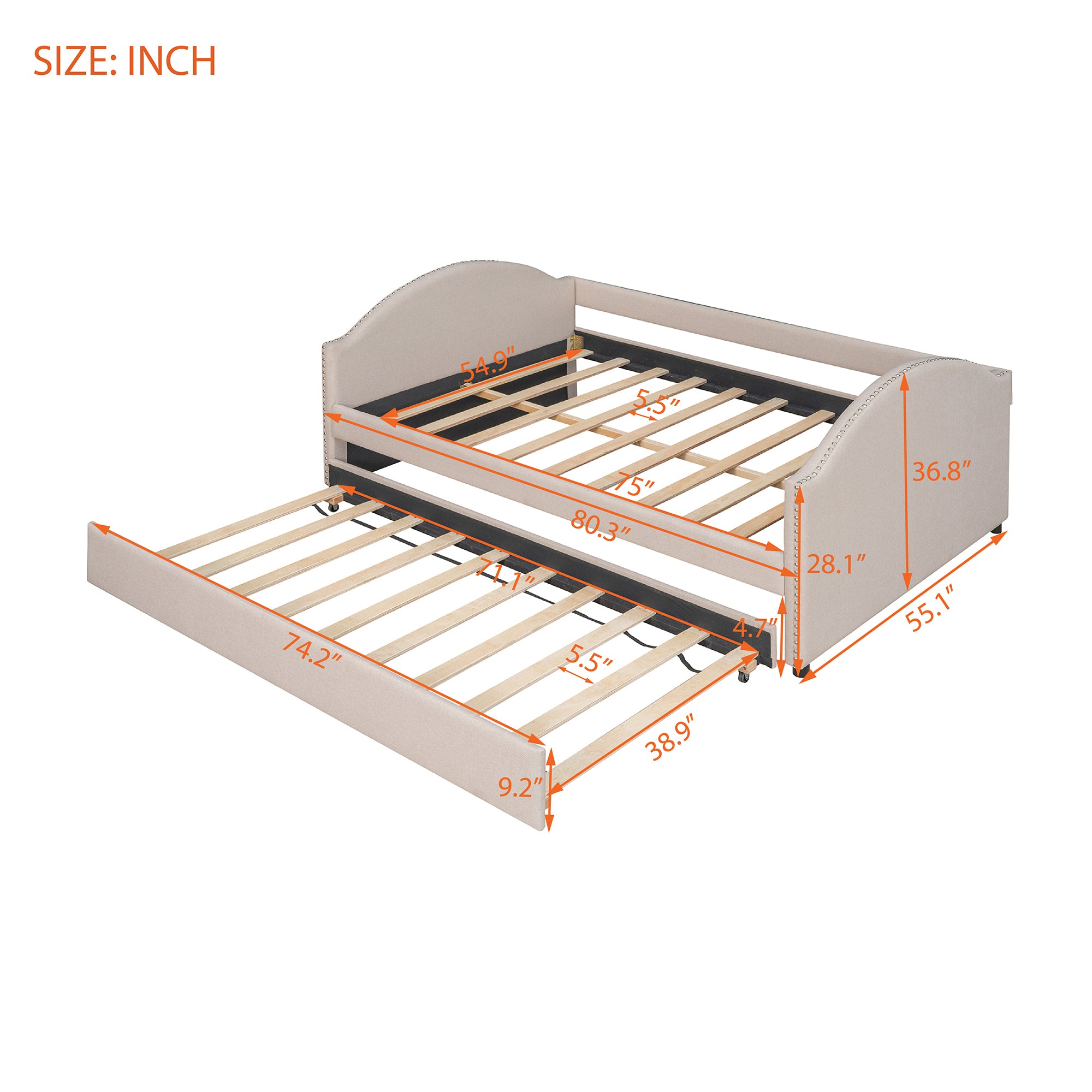 Full Daybed with Twin Size Trundle, Wood Slat Support - Beige