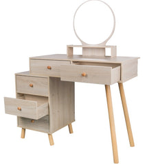 Makeup Vanity Table with Cushioned Stool, 5 Drawers, Large Round Mirror (31.5"-43.2“Lx15.8”Wx48.1”H) - Barnwood