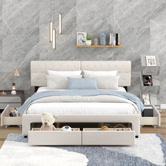 King Size Upholstery Platform Bed with Four Drawers - Beige
