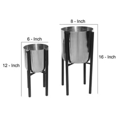 Iron Plant Stand with Bowl Shape and Tubular Metal Frame (Set of 2) - Silver and Black