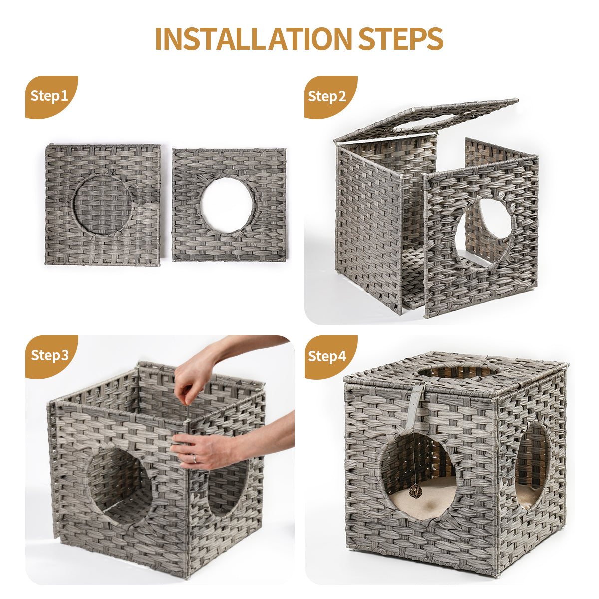Rattan Cat Litter Cat Bed with Rattan Ball and Cushion - Grey