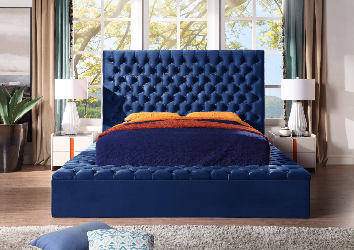 Queen Size Contemporary Velvet Bed with Storage Locker - Blue