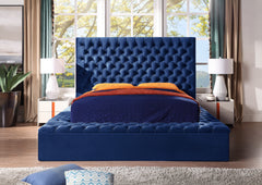 King Size Contemporary Velvet Upholstered Bed with Storage Locker, Deep Button Tufting, Solid Wood Frame, High-density Foam, Silver Metal Leg - Blue