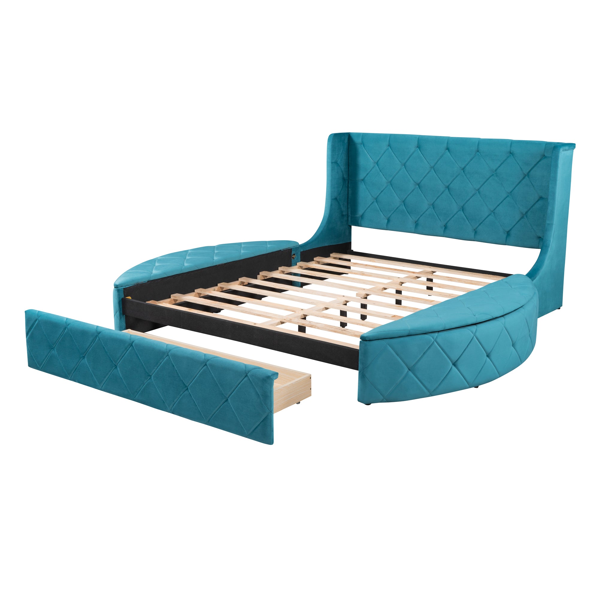 Queen Size Bed Storage with Wingback Headboard and 1 Big Drawer 2 Side Storage Stool - Velvet Blue