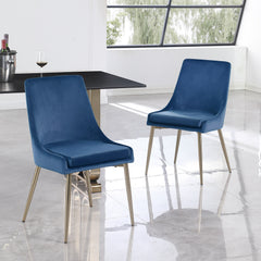 Contemporary Velvet Upholstered Dining Chair with Sturdy Metal Legs (Set of 2) - Blue